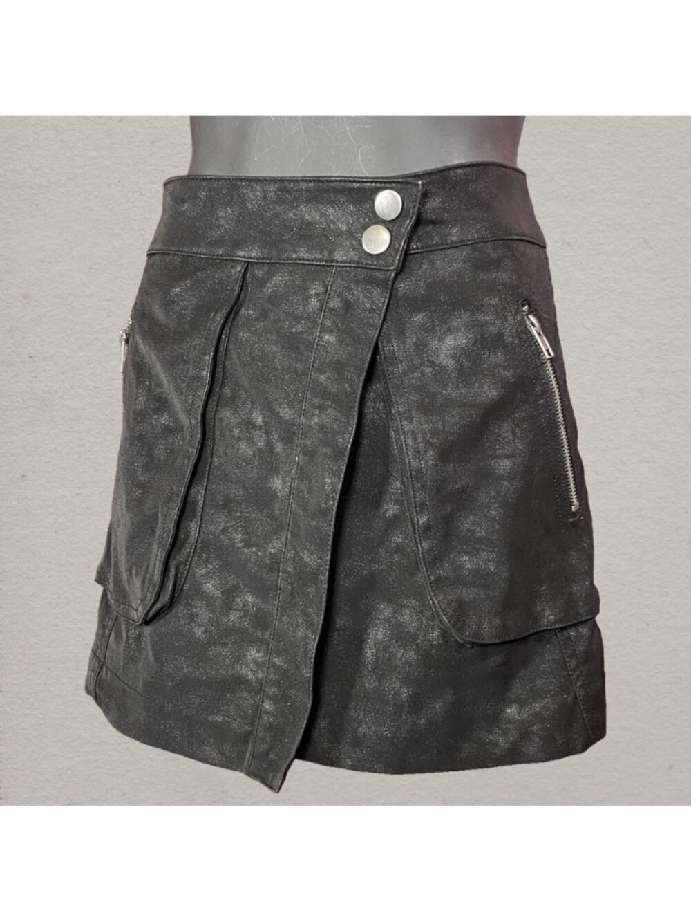 Saints Black Faux Leather Skirt with Zipper Pockets